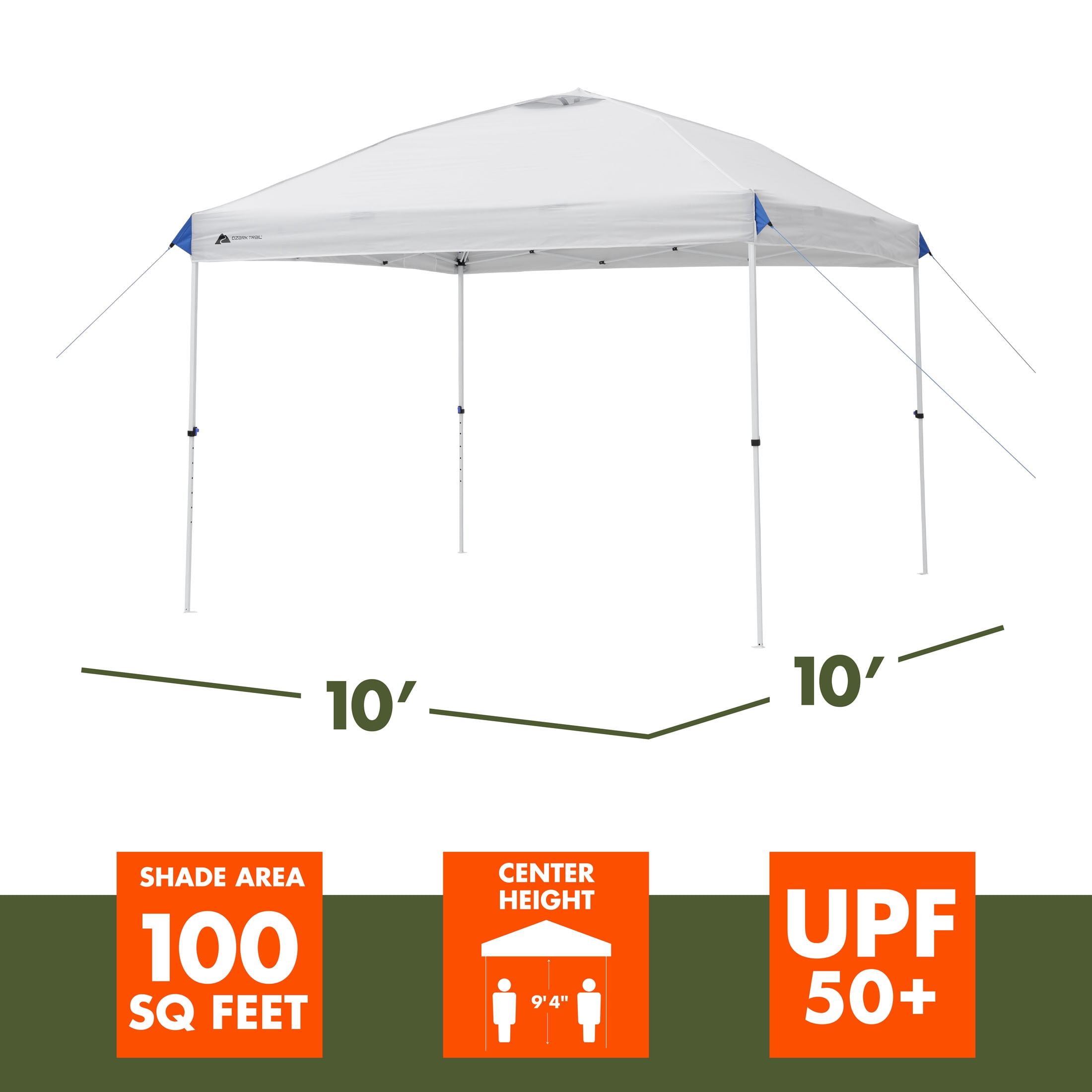 Tente auvent pop-up instantanée Ozark Trail 10 pi x 10 pi avec système Simple Push – Auvent pop-up à pieds droits pour les fêtes d’avant-match, le camping et les événements, blanc