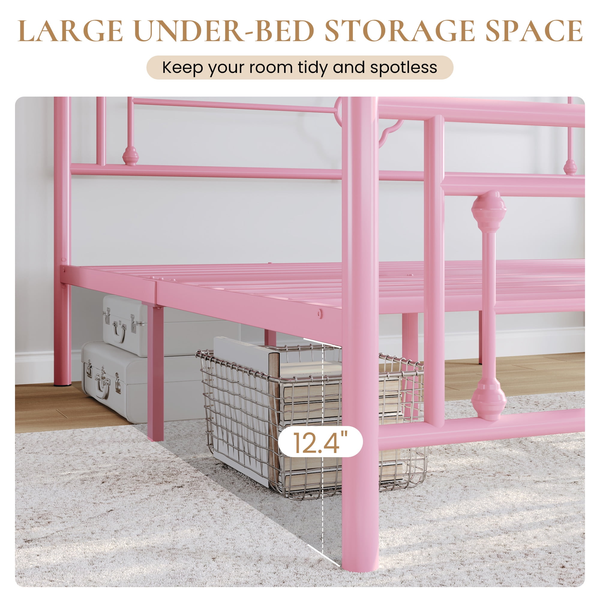 Sha Cerlin Pink Queen Size Metal Platform Bed Frame with Victorian Vintage Headboard