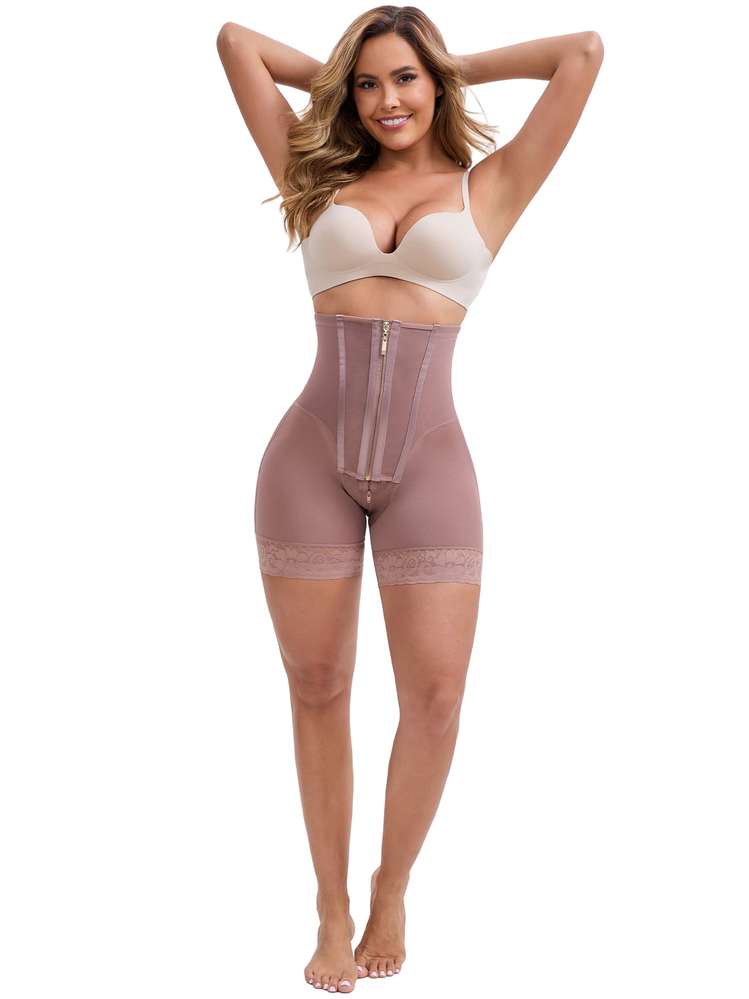 DARING DIVA High Rise Shorts Shapewear Lace Trim Zipper Hooks Closure S Dark Brown