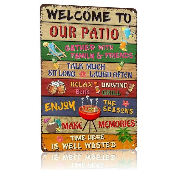 Welcome to Our Patio Outdoor Metal Sign – Colorful Rustic Wall Decor for Backyard, Poolside Bar, Funny Summer Sayings with Icons Poster Vintage Tin Sign, Great Gift for Neighbors & Friends 8x12 Inch