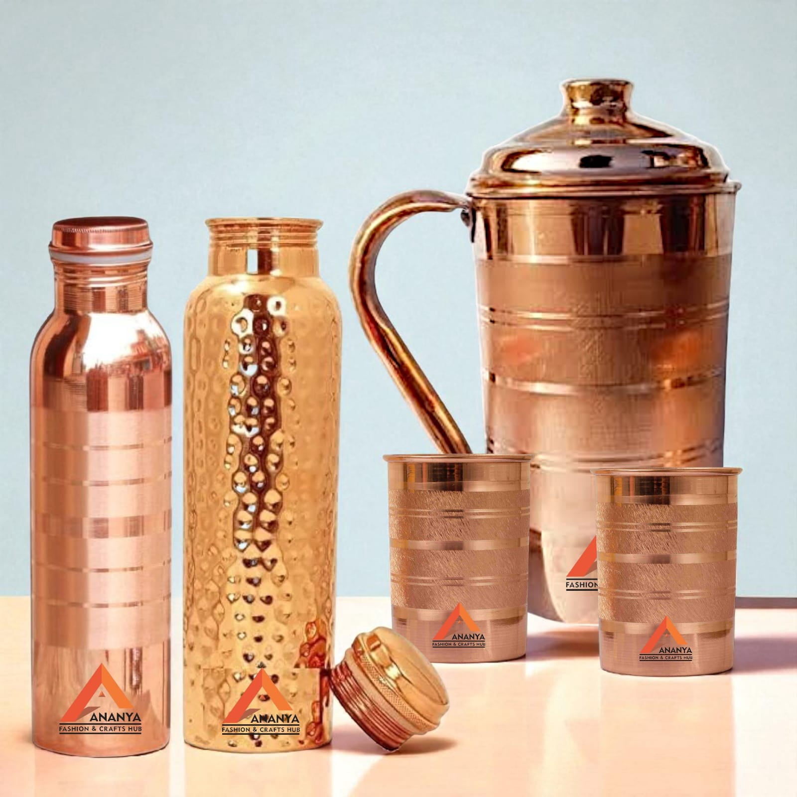 Pure Copper 1500 ml Handmade Water Pitcher Jug with Tumbler 300 ml & Bottle 950 ml for Health Benefits