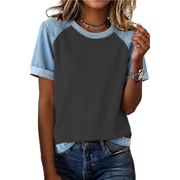 Miluxas Women's Plus Size Denim Raglan Sleeve T-Shirt Crew Neck Color Block Casual Summer Basic Tops Dark Gray