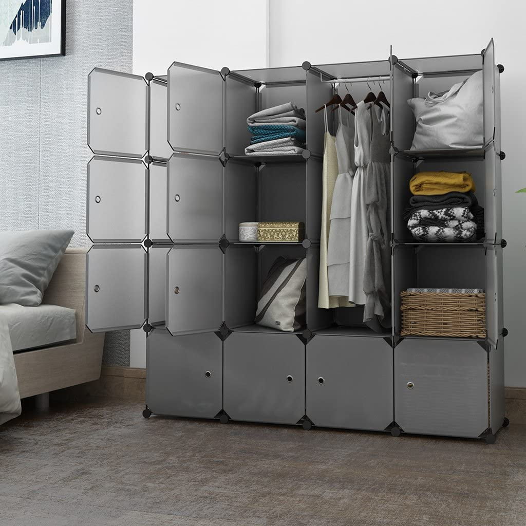 AcornFort® MY-203 Eco-Friendly Polymer Interlocking Wardrode Storage Cubes Cabinet Modular Armoire Shelves Organisers with 16 Gates 10 Cubes 2 Hanging Areas 147 x 147 x 47 cm,Extra Deep Version 