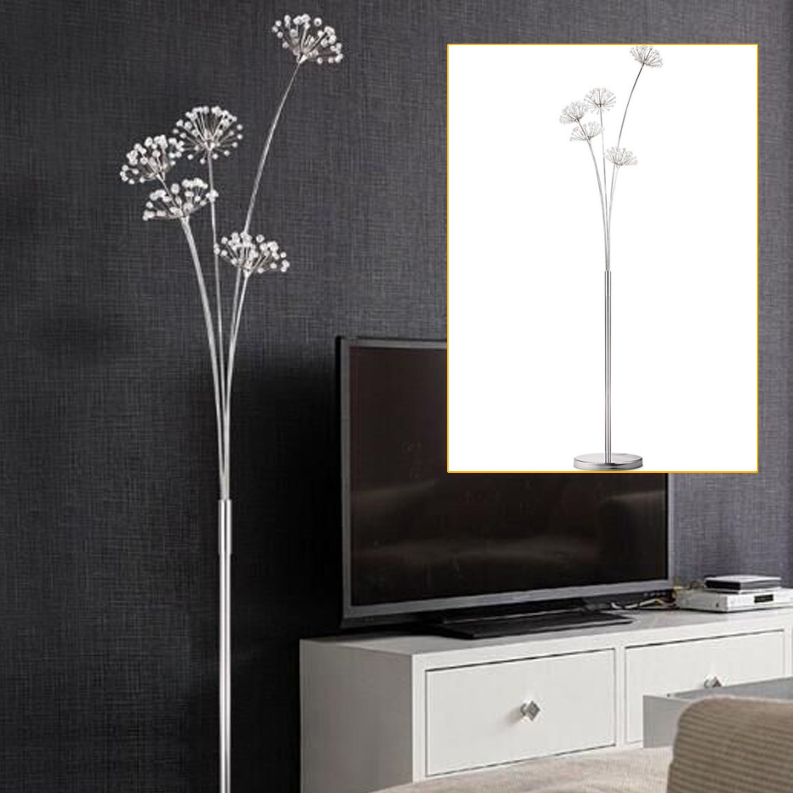 TFCFL Crystal Floor Lamp, 5 Heads Modern Elegant Dandelion Standing Lamp for Bedroom Living Room Office, 69-Inch, Silver