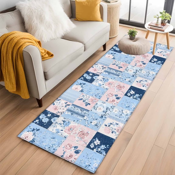 2'x6' Rug Runners for Hallways Kitchen, Blue Pink Floral Non Slip Entryway Beside Floor Carpet Runner, Farmhouse Vintage Botanical Washable Laundry Room Bedroom Throw Rugs Mat for Family Pet