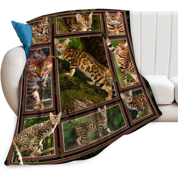 Super Soft Warm Fluffy Flannel Jungle Bengal Cat Throw Blanket Cozy Fuzzy Plush Bedding Gifts for Cat Lovers Boys Girls Teens Adults Couch Sofa 50"x60"