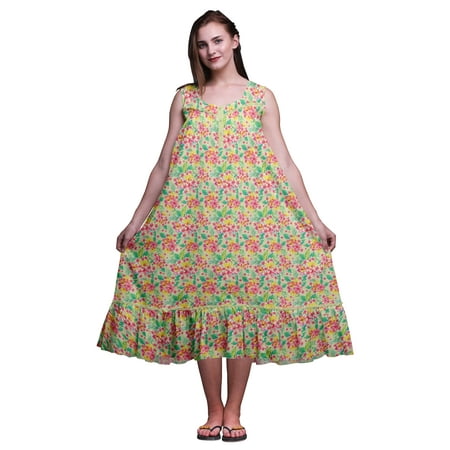 

Bimba Greenish Beige2 Floral Plumeria & Sleeveless Night Gown For Womens Cotton Printed Nightwear Ladies Sleepwear Large