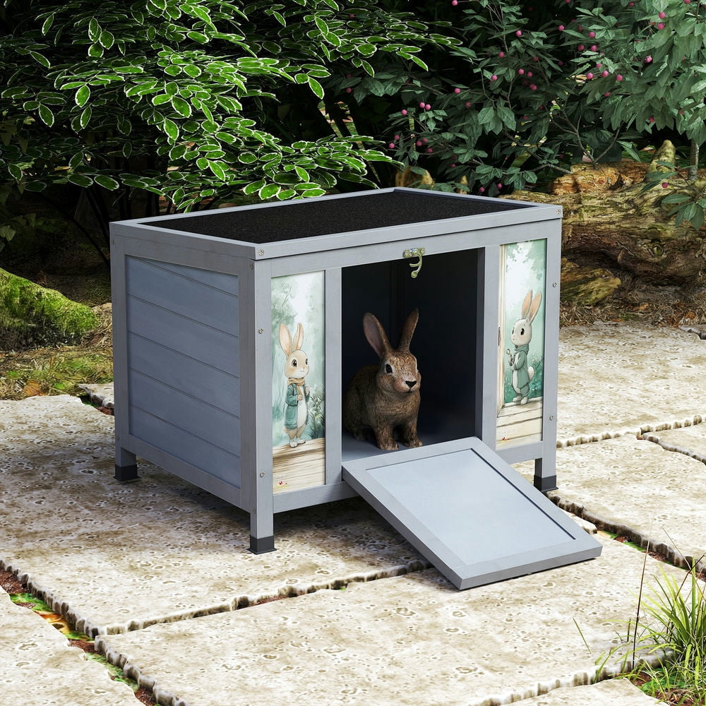 GVN Rabbit Coop, Rabbit House, Duck Rabbit Cage,Small Outdoor Wooden Rabbit Hutch with Lockable Door & Weatherproof Roof, Openable Top, Gray