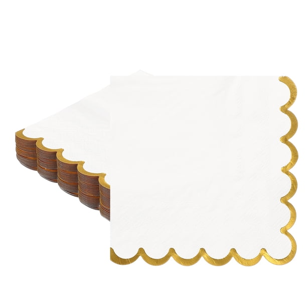 Uxcell 50 Pcs Servilletas de Cóctel con Borde Ondulado y Foil Dorado, 5 x 5 Pulgadas Servilletas de Papel Desechables para Decoraciones de Mesa de Fiesta de Compromiso, Boda, Aniversario, Blanco