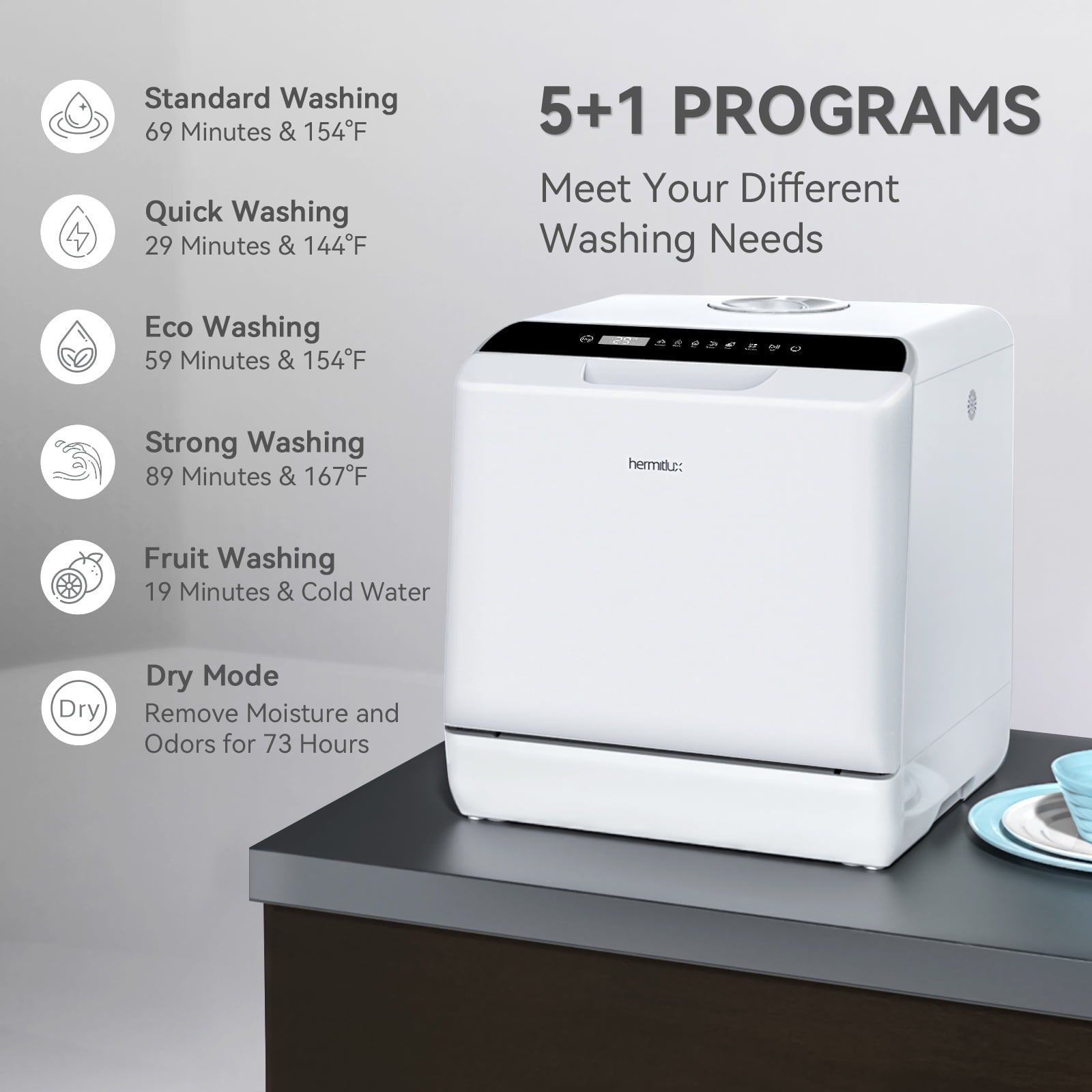 Hermitlux Portable Dishwasher Countertop, 5 Washing Programs Mini Dishwasher with 5-Liter Water Tank, HMX-DW04