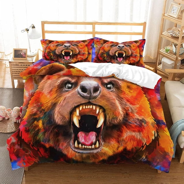 Set Oso Impreso Ropa de Cama Edredón Funda Nórdica con Cremallera, Microfibra Ultra Suave