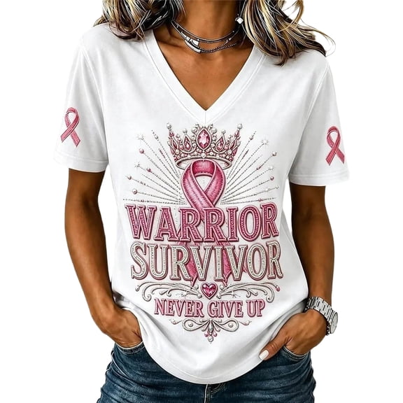 Domzest Womens V Neck T Shirt Breast Cancer Awareness Survivor Never Give Up Pink Ribbon Graphic Tee Casual Short Sleeve Tops White S
