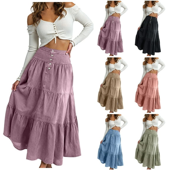 yueewhu Women Tiered Ruffle Hem Denim Maxi Skirt Solid High Waist Buttons Jean Skirt Vintage Washed Swing Party Streetwear (Brown, S)
