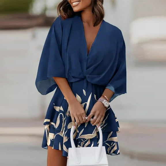 pstuiky Summer Dress, Women Dress Half-Sleeve Printed Hem Frilly Irregular Dress V-Neck Short-Sleeved Dress Mini Skirt High Waist Retraction Waist Dress Blue M