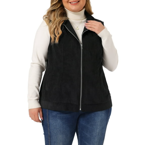 Chaquetas de chaleco de corduroy sin mangas con cremallera y bolsillos laterales para mujer de talla grande Agnes Orinda 4X Negro