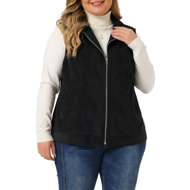 Chaquetas de chaleco de corduroy sin mangas con cremallera y bolsillos laterales para mujeres de tallas grandes Agnes Orinda 2X Negro