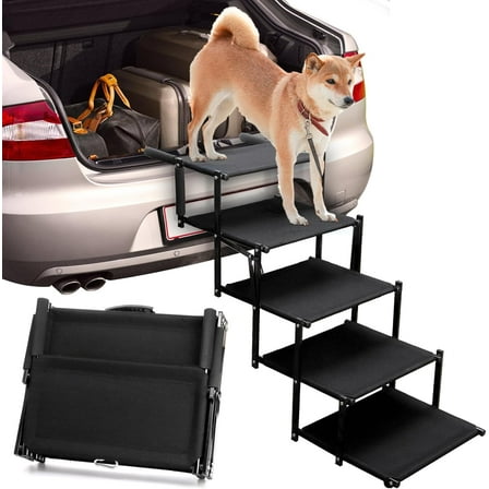 Foldable Dog Car Steps for Large Dogs, 5 Steps Portable Pet Stair Ramp with Handle, Lightweight Dog Ladder with Non-Slip Surface for Truck, SUV, Supports up to 110 lbs, Metal Frame