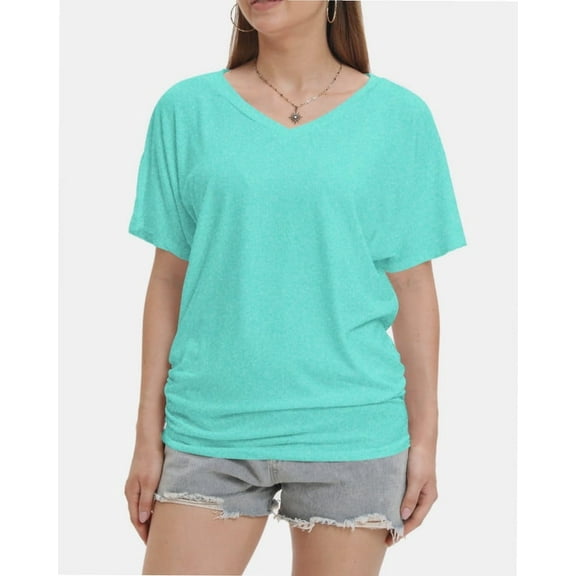 Womens Short Sleeve V Neck Dolman Tops with Side Shirring Loose Fit Shirts