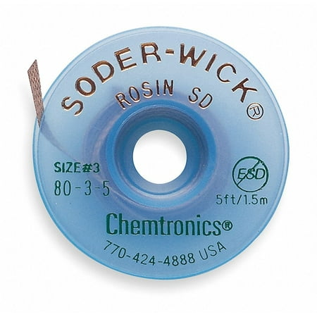 - 80-3-5 BRAID, DESOLDERING, ROSIN SD, 5FT, Price For: Each Braid Material: Copper Width: 2mm Length: 5ft Braid Color: Green Braid Size: #3 Features: Packaged in ESD-Safe.., By Chemtronics