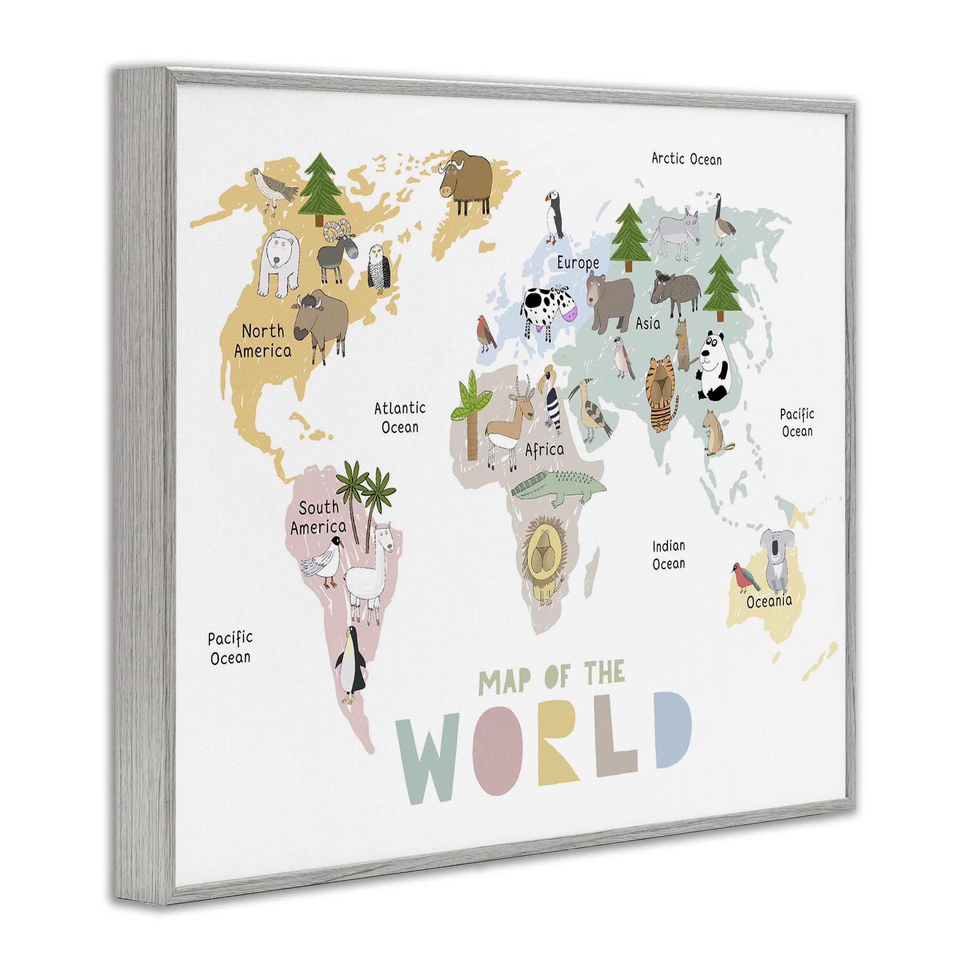 Map Of World Pastel Animals Gray Framed Giclee Art, design by Carla Daly