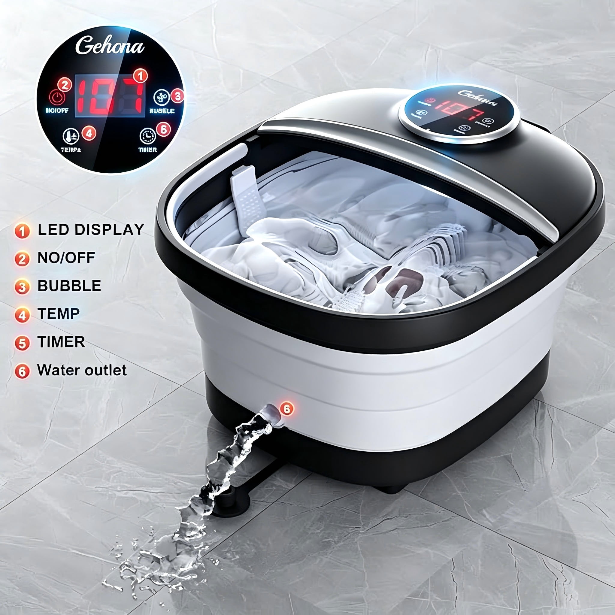 Gehana Foot Spa Massager with Heat and Bubbles - Digital Display, Collapsible Foot Bath with Massage Rollers, Temperature Control, Perfect for Foot Relaxation at Home