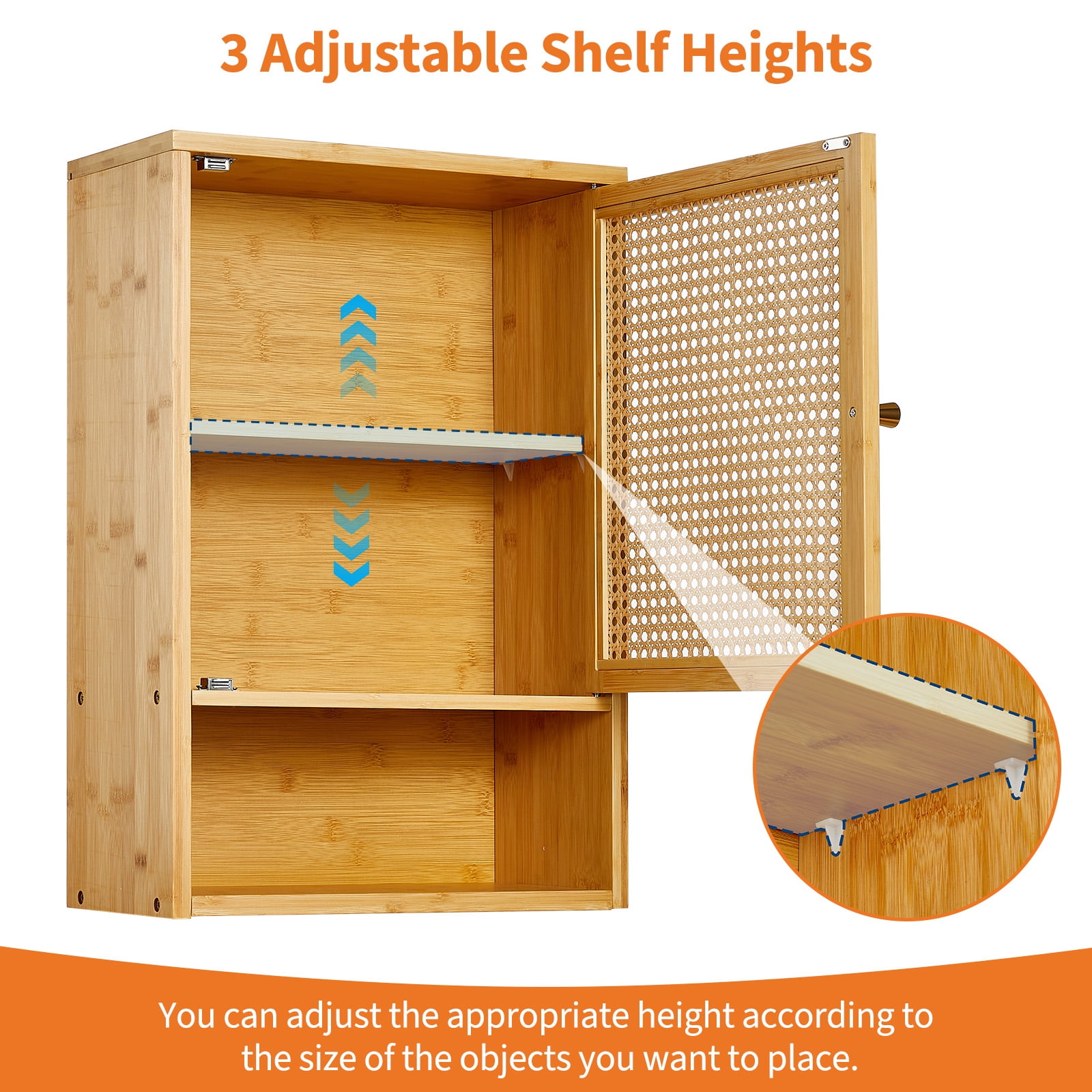 Garvee Bathroom Wall Cabinet, Bamboo Over-The-Toilet Storage Organizer with Rattan Doors and Adjustable Shelf, Space Saver Medicine Cabinet for Laundry, Kitchen, Living Room and Home Office Wood