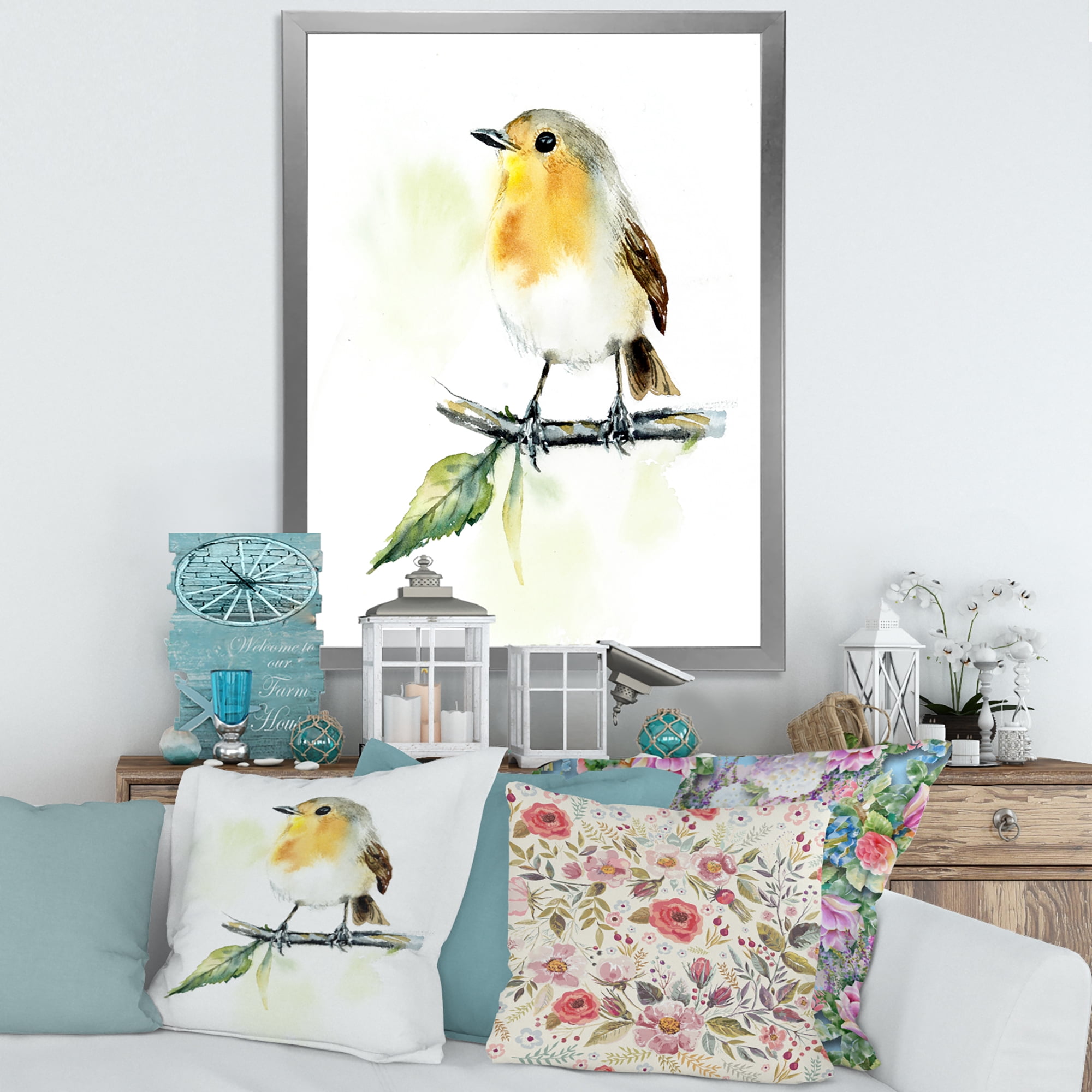Designart 'Little Robin Bird Sitting On A Branch' Traditional Framed Art Print