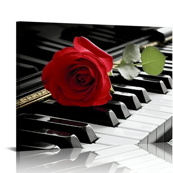 EastSmooth  Modern Canvas Painting Black and White Red Rose Canvas Art Rose and Piano Keyboard Wall Art Music Decorations Flower Picture on Canvas for Home Decor Giclee Framed Artwork for Wall