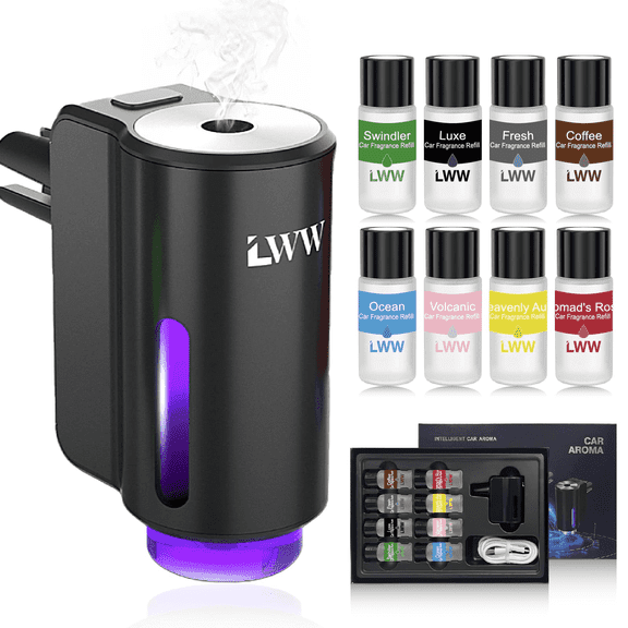 LWW Smart Car Air Freshener Aromatherapy Diffuser, Rechargeable with 3-Speed Adjustment, Includes 8 Bottles of Perfume