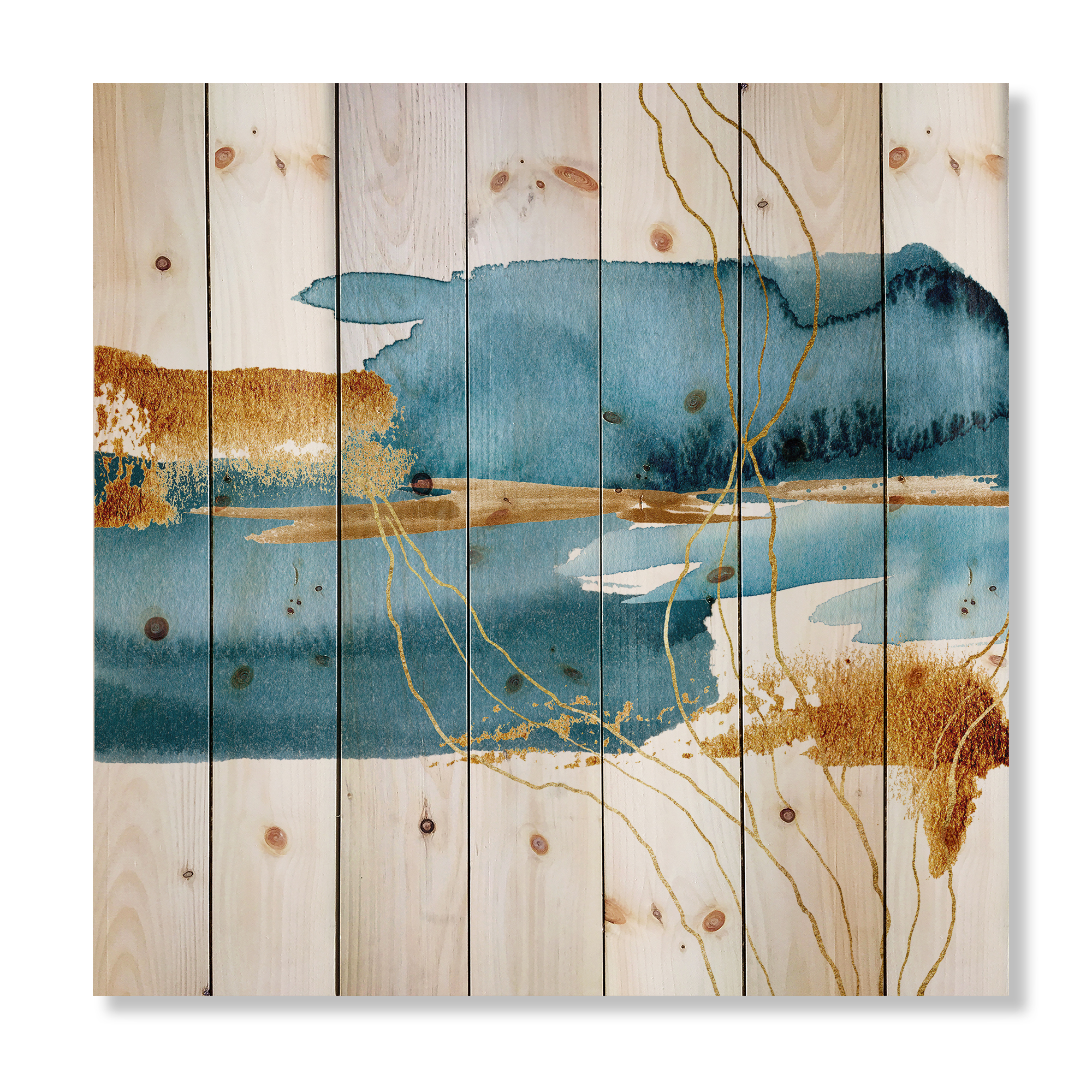 Designart 'Golden Laminaria Branch With Blue Underwater Plant' Modern Print on Natural Pine Wood