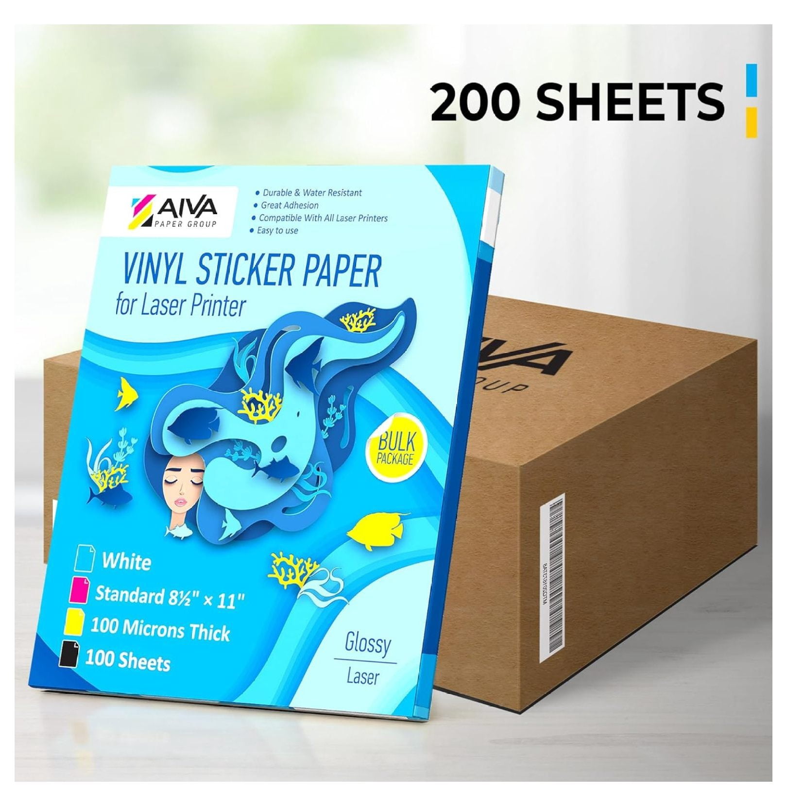Printable Vinyl Sticker Paper for Laser Printer - Glossy White - 200 Self-Adhesive Sheets - Waterproof Decal Paper - Standard Letter Size 8.5"x11"