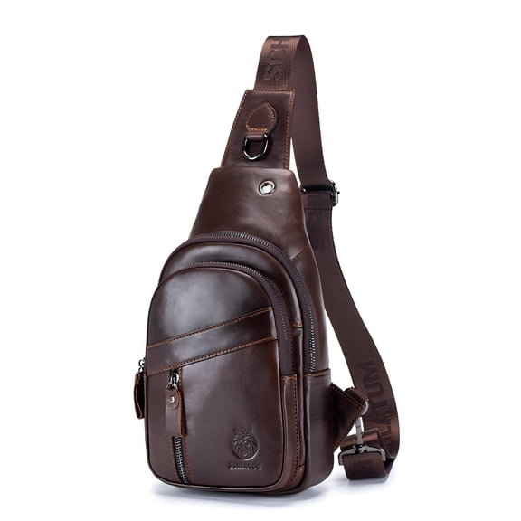 SCHLATUM Genuine Leather Sling Bag for Men Small Man Bag Crossbody Mens Casual Chest Bag Sling Backpack with USB Cable Hole, Coffee