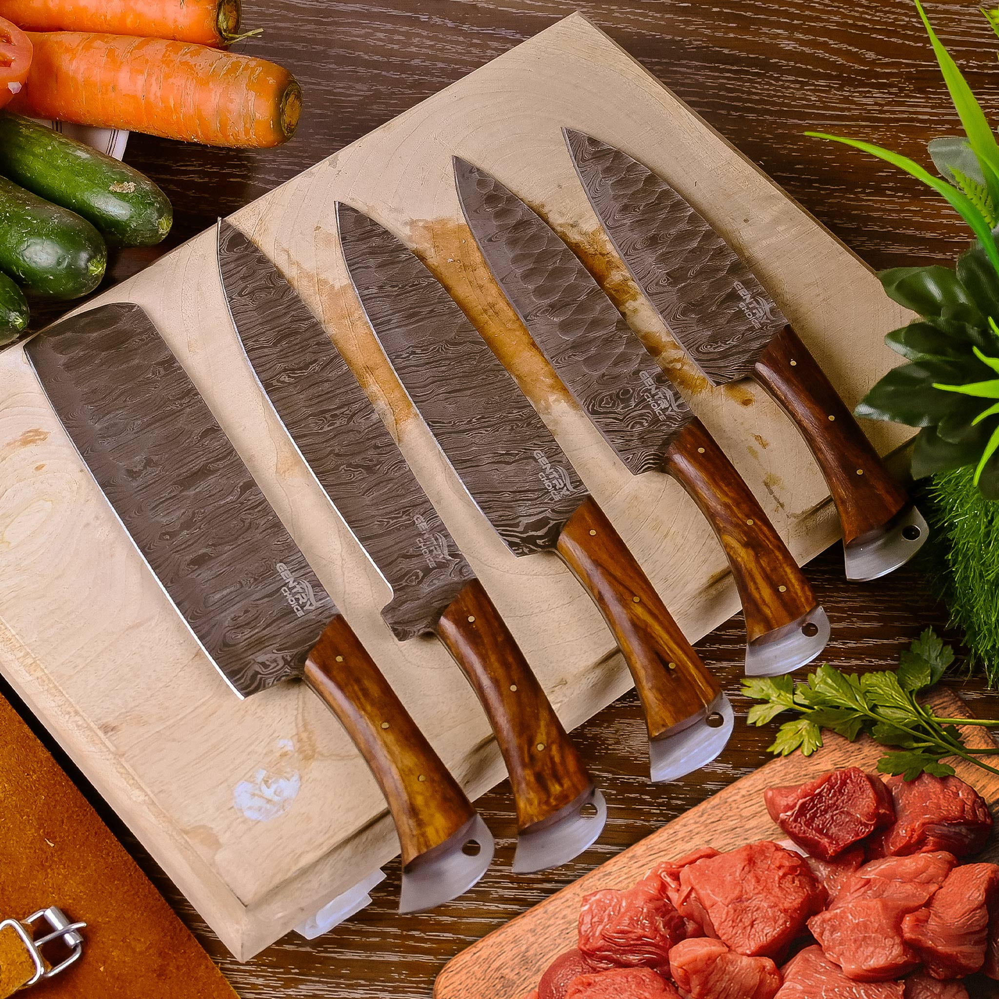 Damascus Chef Knife Set 5 Piece, Hand Forged High Carbon Steel Kitchen Knives, Full Tang with Rosewood Handles