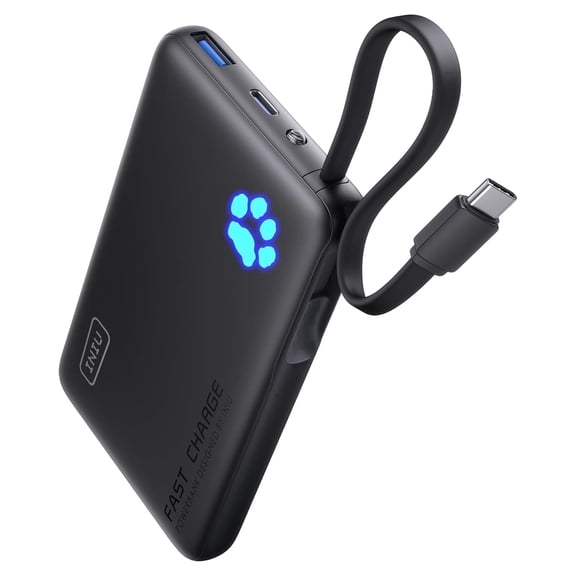 INIU Portable Charger, Slim 45W 10000mAh Power Bank with Build in USB-C Cable for iPhone 17 16 Samsung S22 S21 Google, Black