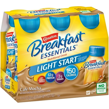 Carnation Breakfast Essentials Light Start Ready to Drink Nutritional Breakfast Drink, Cafe Mocha, 6 - 8 FL OZ Bottles