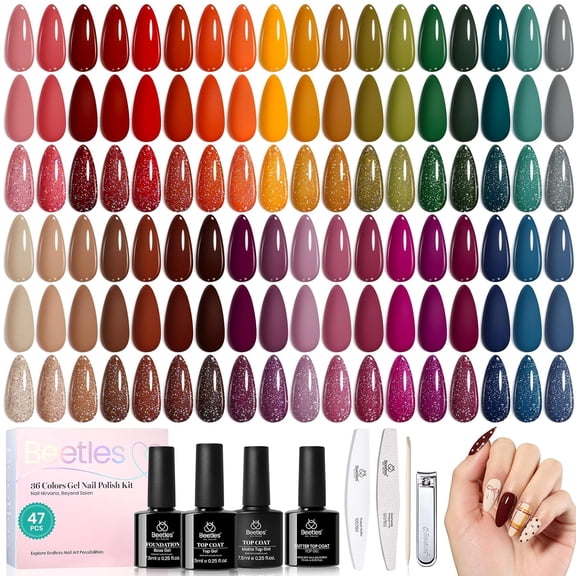 Beetles Fall Gel Nail Polish Set, Waltz of Leaves 36 Autumn Colors with Base Coat, Glossy, Glitter and Matte Top Coats and Nail Tools