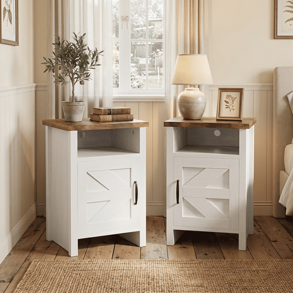 Furmax Farmhouse End Table, Nightstand Set of 2 with Barn Door and Shelf, Side Table for Living Room Bedroom, White