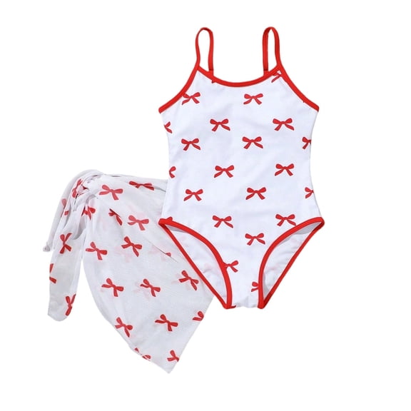 LIIPEE Girls Swimsuit Sets Casual Summer Bowknot Printed Square Neck Adjustable Spaghetti Strap One-Piece Swimsuits Mesh Wrap Skirt 2 Piece Set Kids Fashion Backless Swimsuits,Red,8-9 Years