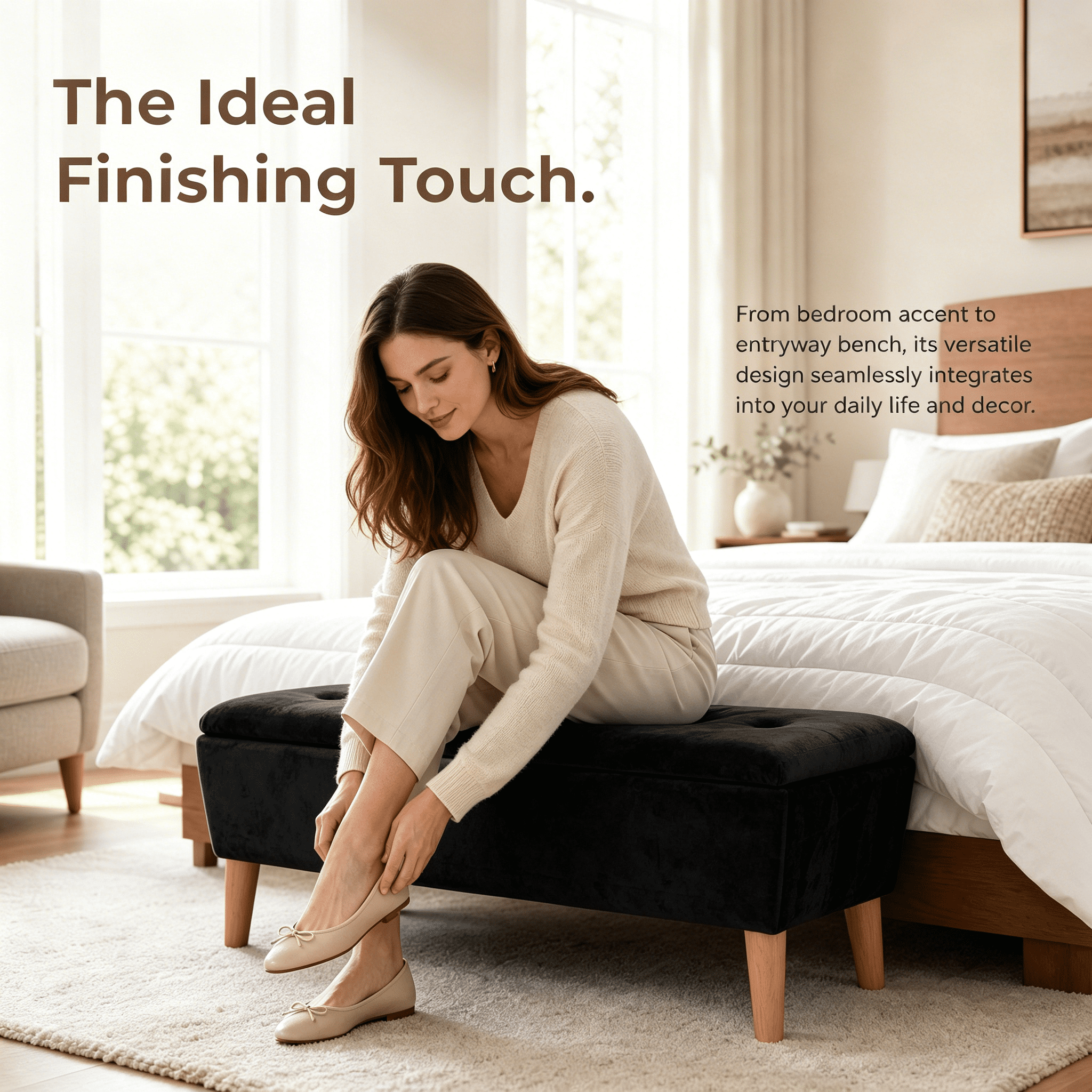 42" Rectangular Linen Upholstered Ottoman Bench, Solid Wood Tapered Legs Multi-Use Entryway Shoe Bench End of Bed Footrest Stool for Living Room Bedroom Small Spaces