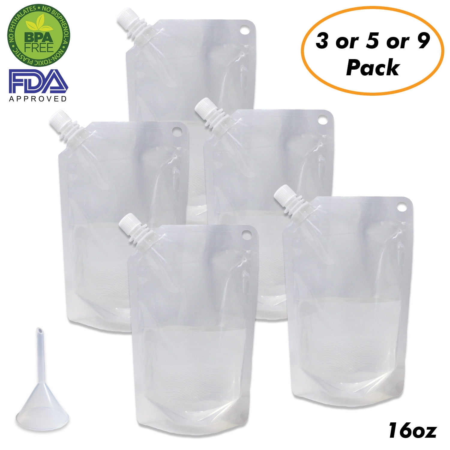 9 Heavy Duty Reusable Plastic Liquor Pouch Concealable Drinking Flask Bag+Funnel