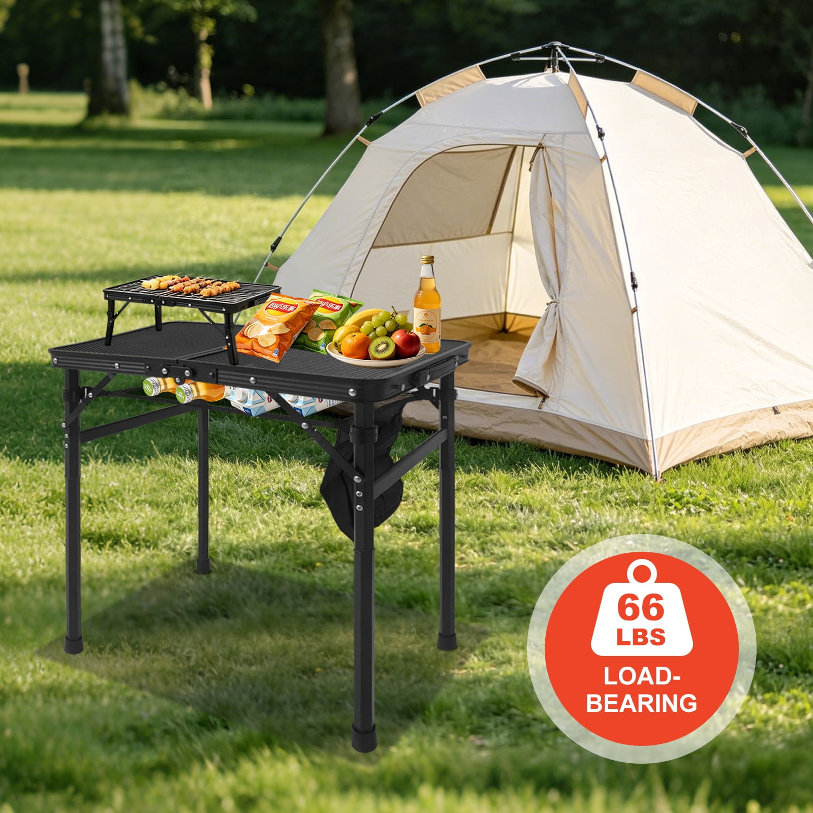 2FT Black Folding Camping Table, Aluminum Frame Mesh Desktop, Height Adjustable Portable Grill Table with Storage Mesh Bag for Camping, BBQ, Picnic & Outdoor Activities