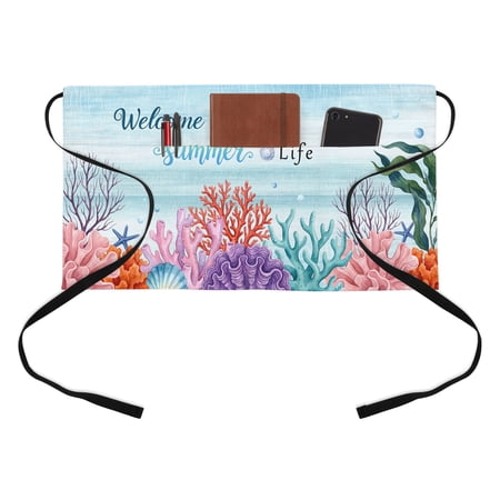 Summer Ocean Kitchen Restaurant Half Waist Apron Welcome to Life Color Coral Shell Gradient Blue Server Short Apron with 3 Pockets Waterproof Oil Waist Aprons for Women Waitress Waiter