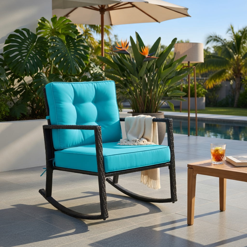 Hommoo Outdoor Rattan Rocking Chair with Thick Tufted Cushions, Weather-Resistant Patio Glider for Deck, Backyard & Garden, Turquoise
