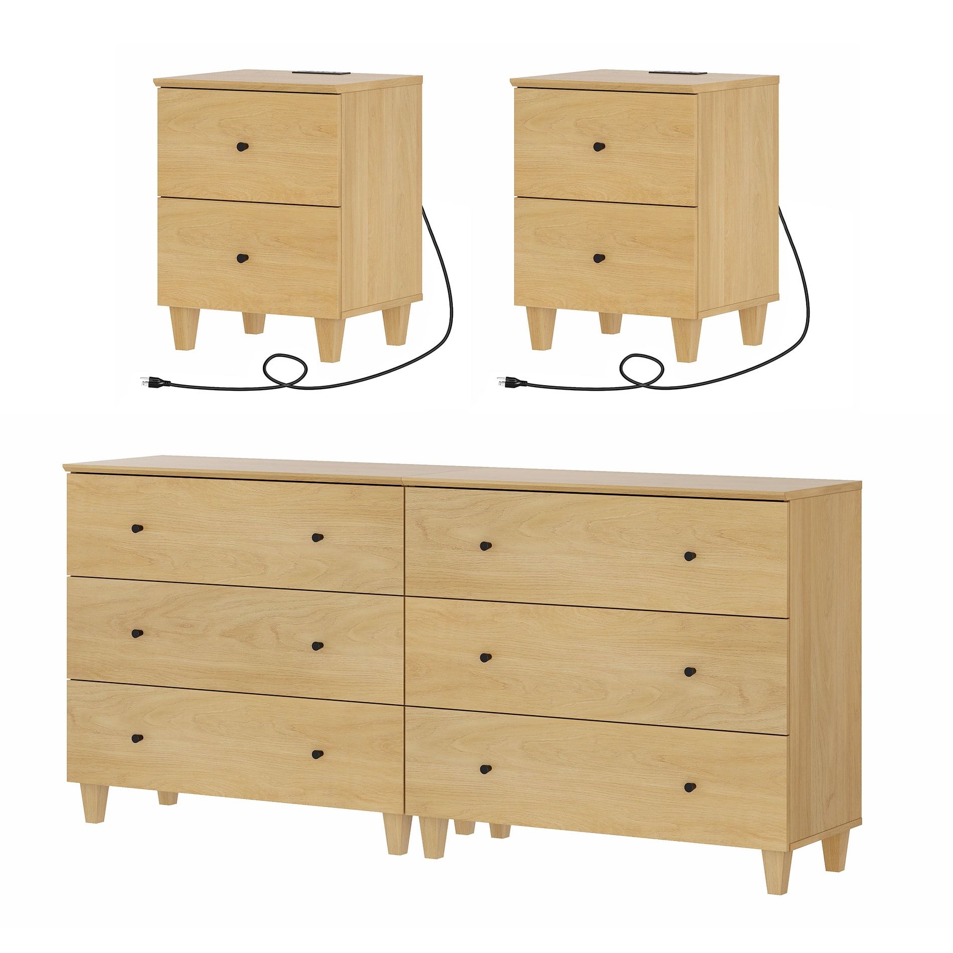 WAMPAT Dresser and Nightstands Set of 4, Wood Dressers with 6 Drawers, 2 Pieces Nightstands with Charging Stations for Living Room, Oak Wood