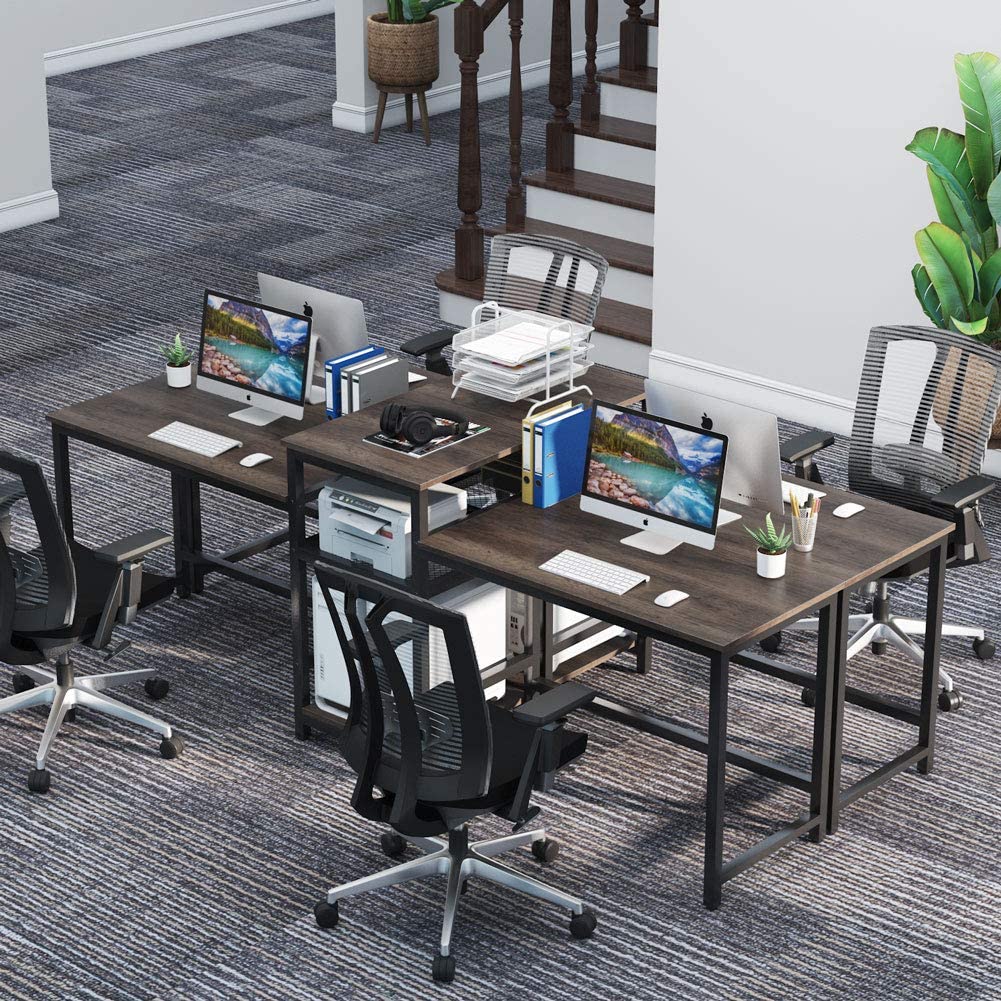 Vintage Walnut Extra Long Two Person Desk Workstation With Storage Shelves Large Office Desk Study Writing Table For Home Office Tribesigns 96 9 Double Computer Desk With Printer Shelf Home Office Desks Home