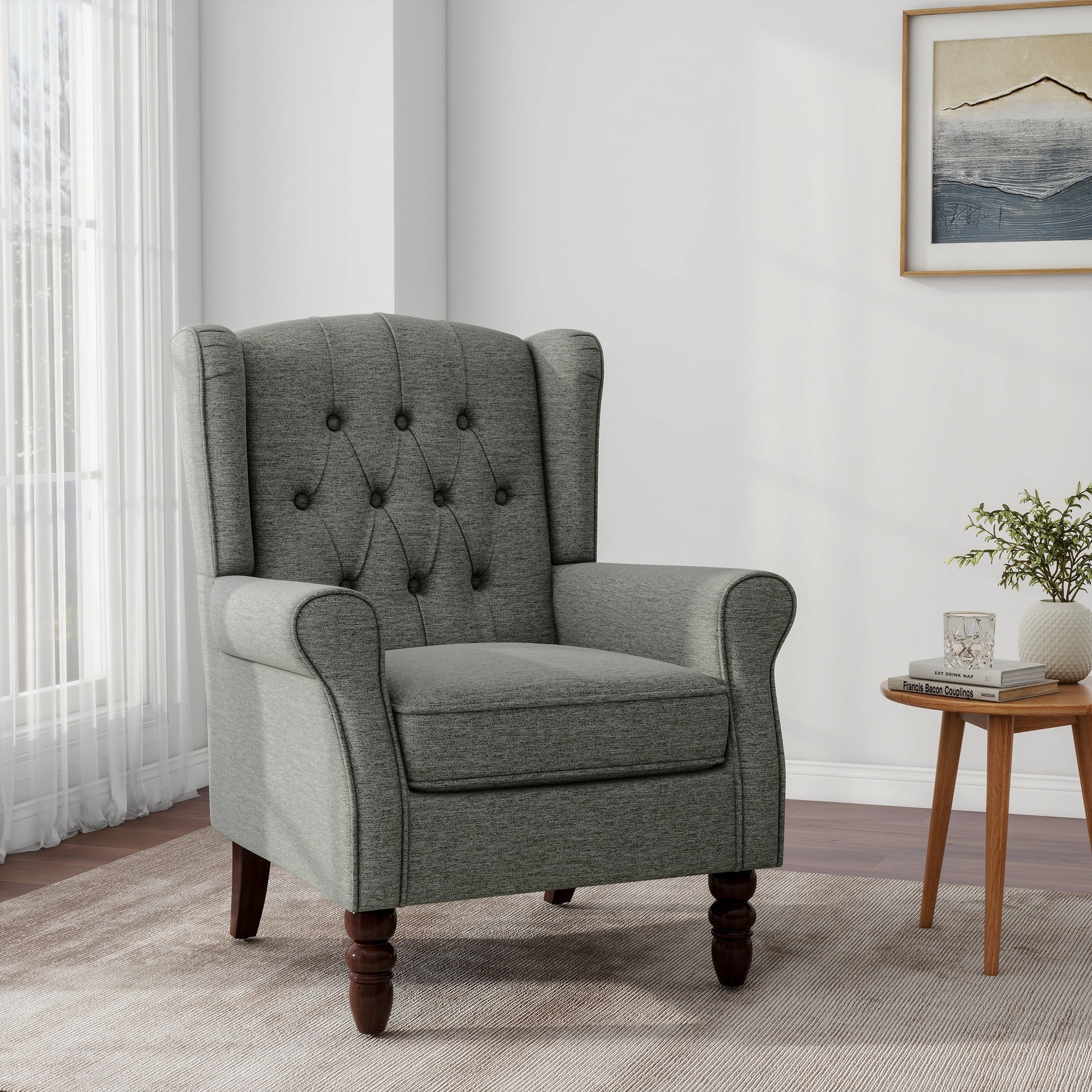 UIXE High Back Accent Chair Living Room Chairs Upholstered Armchair in Fabric Retro Wingback Arm Chair, Gray Tufted
