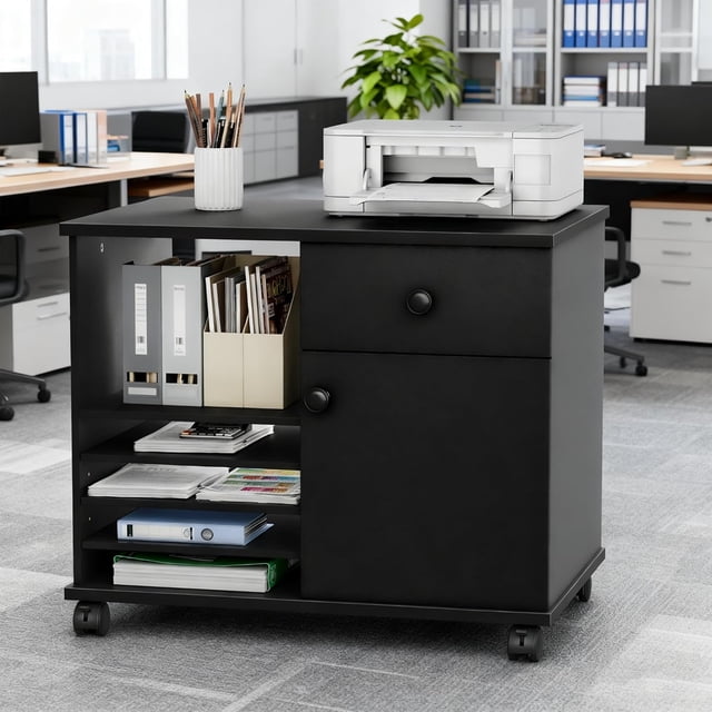 Classeur à Défilement, Classeur Mobile avec Porte, Armoire de Rangement à Tablette Réglable, Support Horizontal pour Imprimante avec Tiroir pour Fournitures de Bureau Noir