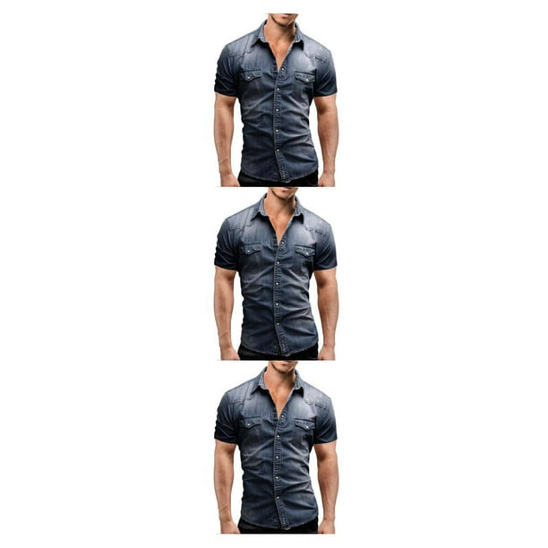 Minnieouse Camisa de mezclilla de hombre Slim Jeans Camiseta de vaquero de manga corta Type4 NO4