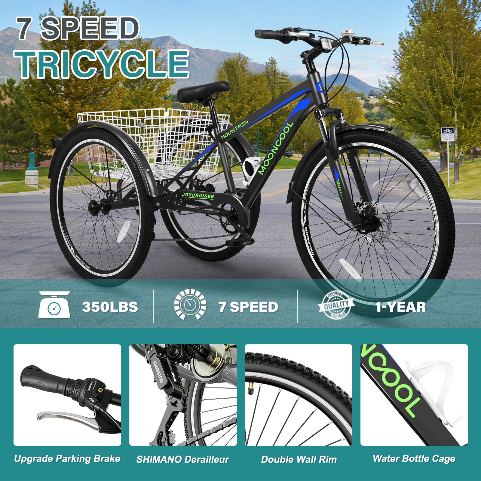 Slsy Mountain Tricycle for Adults, 24/26/27.5 Inch MTB 7 Speed Three Wheel Bike, Adults Tricycle with Cargo Basket for Adults, Women, Men, Seniors