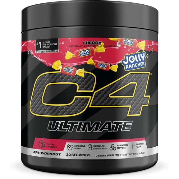 C4 Ultimate Pre Workout Powder - Sugar Free Preworkout Energy Supplement for Men & Women - 300mg Caffeine TeaCrine Dynamine Creatine - Jolly Rancher Cherry, 20 Servings
